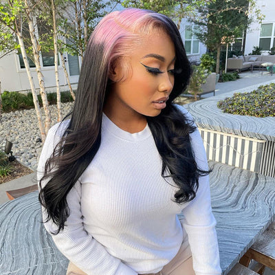 Light Pink Sparkle Roots & Black Hair Body Wave Lace Front Wig 100% Virgin Human Hair