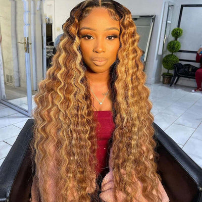 Ombre #1B/99J #2 #4 Deep Wave Colored 4×4 Lace Closure Wigs With Highlight Transparent Lace Wigs