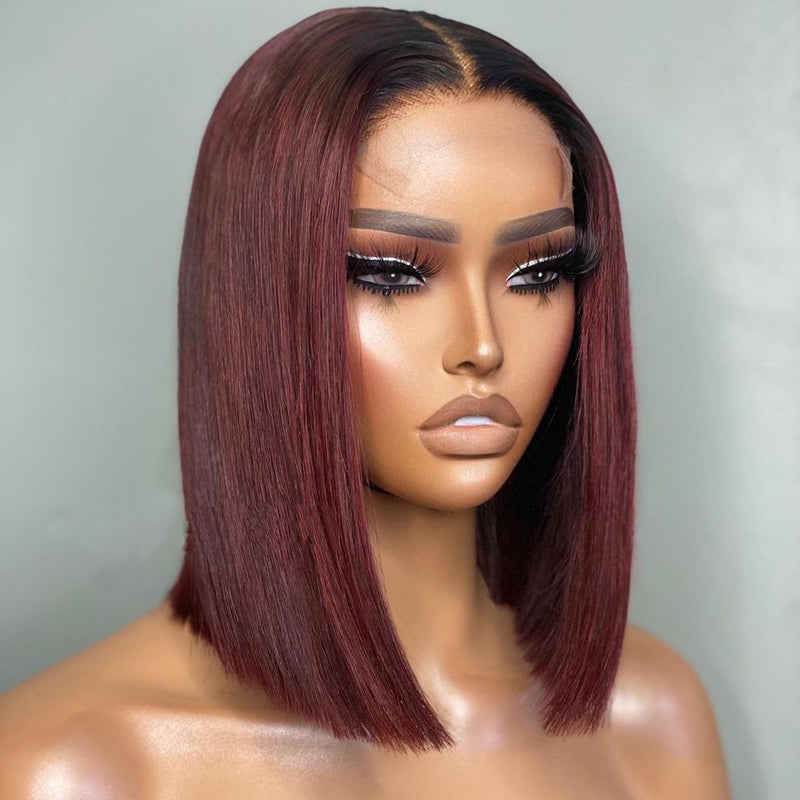 Ombre T1B/99J Burgundy Short Straight Bob HD Transparent Lace Wig