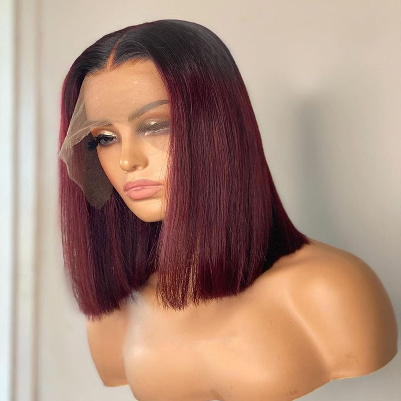 Ombre T1B/99J Burgundy Short Straight Bob HD Transparent Lace Wig