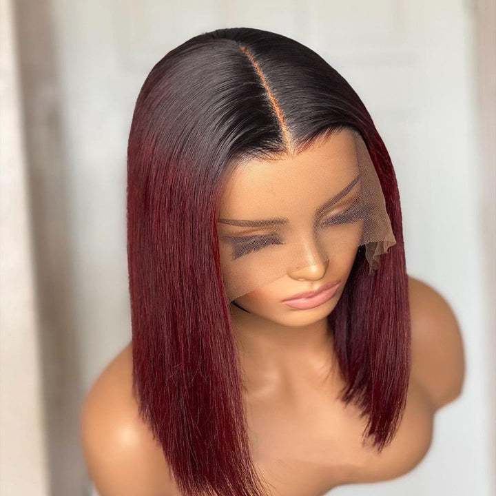 Ombre T1B/99J Burgundy Short Straight Bob HD Transparent Lace Wig