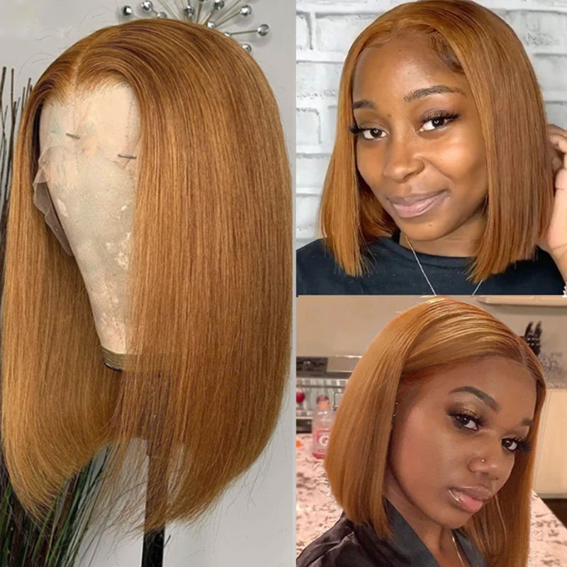 #30 Light Brown Colored Bob Transparent Lace Wig 100% Virgin Human Hair