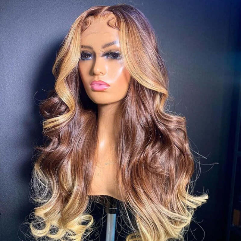 T4/27 Ombre Wigs with Blonde Skunk Stripe Body Wave Lace Front Wig