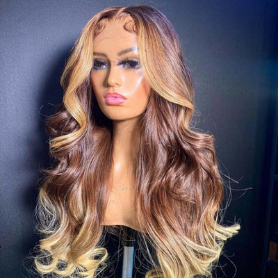 T4/27 Ombre Wigs with Blonde Skunk Stripe Body Wave Lace Front Wig