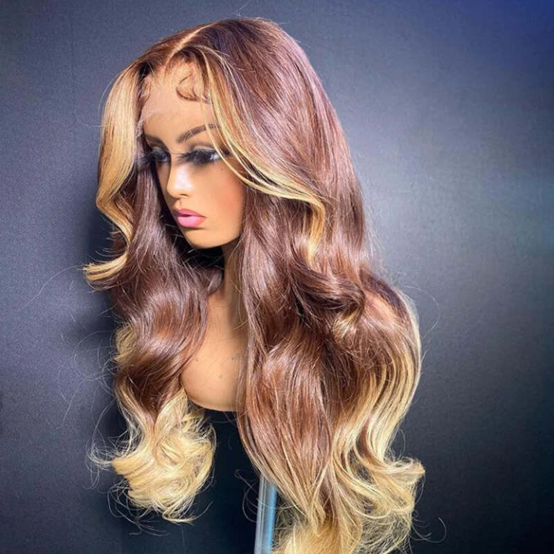 T4/27 Ombre Wigs with Blonde Skunk Stripe Body Wave Lace Front Wig