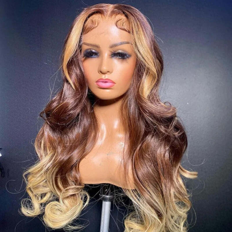 T4/27 Ombre Wigs with Blonde Skunk Stripe Body Wave Lace Front Wig