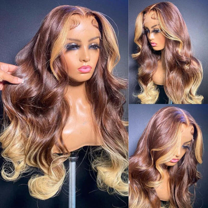 T4/27 Ombre Wigs with Blonde Skunk Stripe Body Wave Lace Front Wig