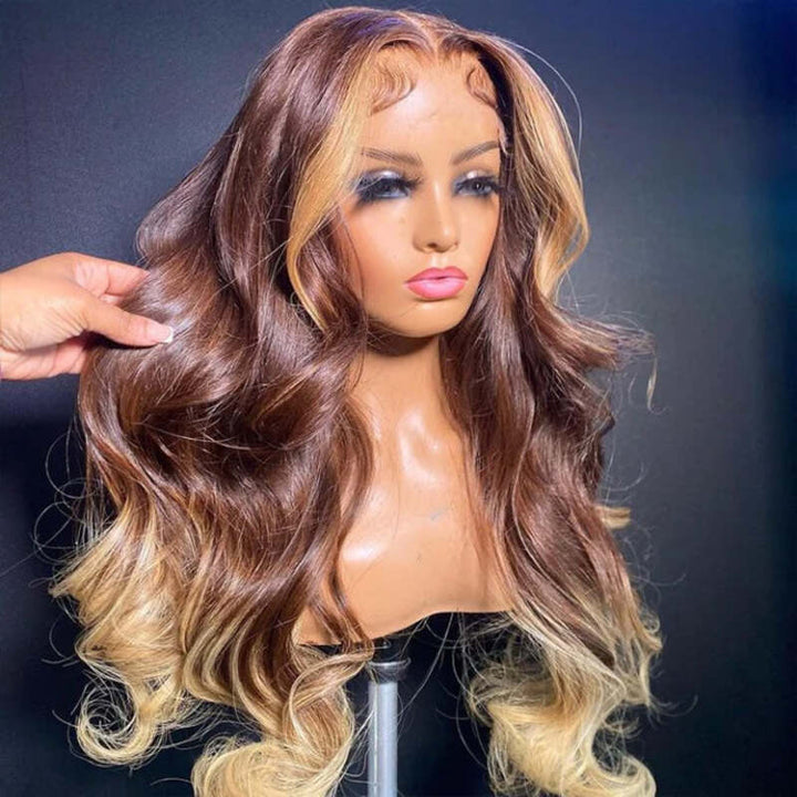 T4/27 Ombre Wigs with Blonde Skunk Stripe Body Wave Lace Front Wig