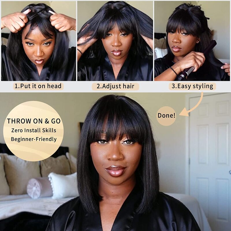 True Scalp | Realistic Straight Bob Wig With Bangs Yaki Straight Minimalist Undetectable Lace Wig