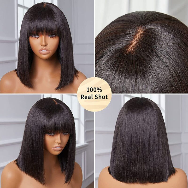 True Scalp | Realistic Straight Bob Wig With Bangs Yaki Straight Minimalist Undetectable Lace Wig