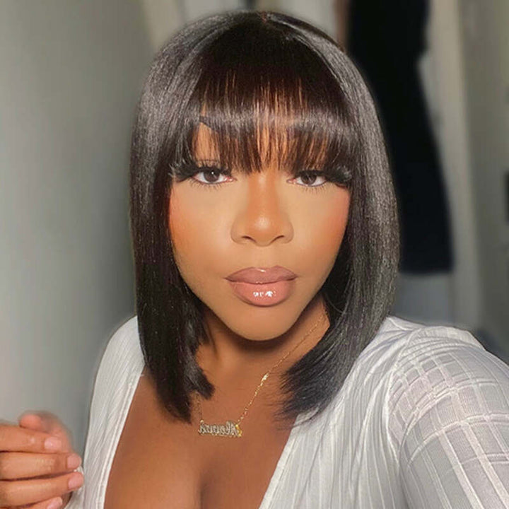 True Scalp | Realistic Straight Bob Wig With Bangs Yaki Straight Minimalist Undetectable Lace Wig