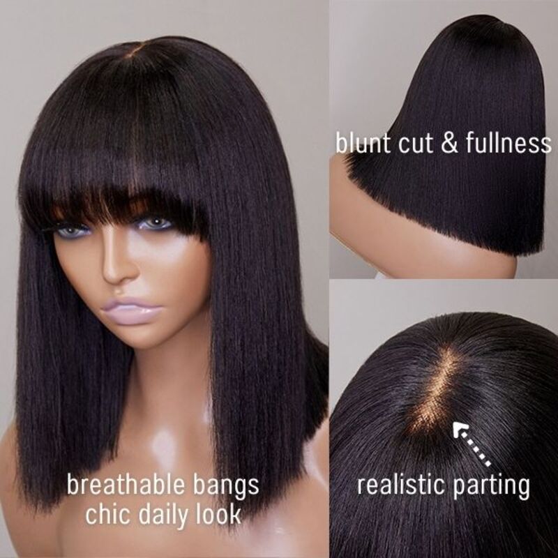 True Scalp | Realistic Straight Bob Wig With Bangs Yaki Straight Minimalist Undetectable Lace Wig