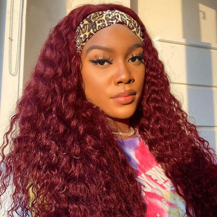 Water Wave 99J Burgandy Glueless Headband Wig 100% Virgin Human Hair