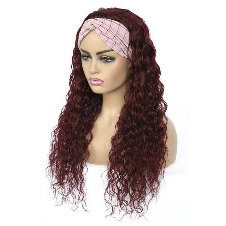 Water Wave 99J Burgandy Glueless Headband Wig 100% Virgin Human Hair