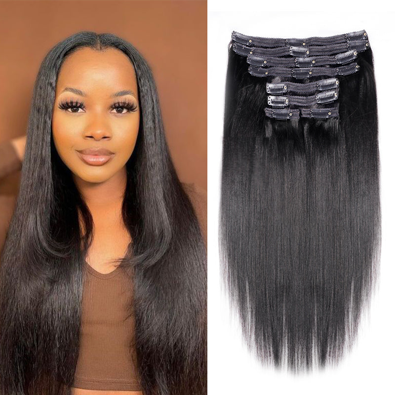 Yaki Straight Clip In Hair Extensions For Black Women Remy Human Hair 8 Pieces With 18 Clips