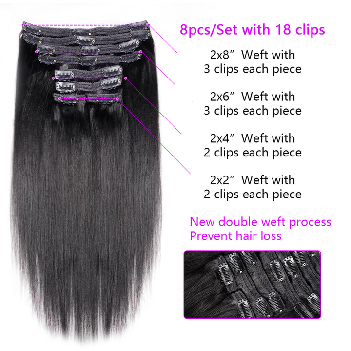 TUME Yaki Straight Clip In Hair Extensions For Black Women Remy Human Hair 8 Pieces With 18 Clips