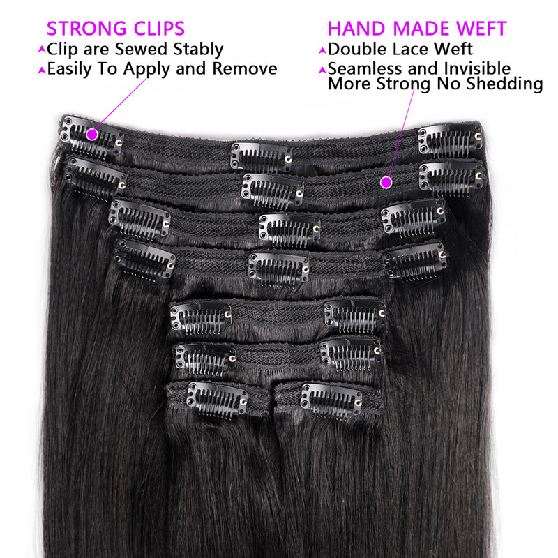 Yaki Straight Clip In Hair Extensions For Black Women Remy Human Hair 8 Pieces With 18 Clips