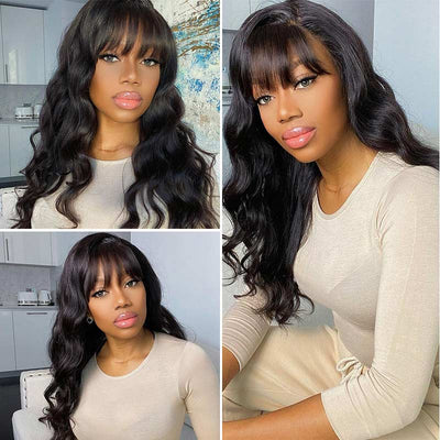 22-32Inch Machine Made Wig With Bang Straight/Body Wave No Lace Virgin Human Hair Wig