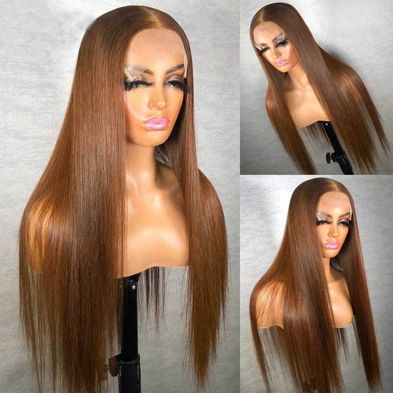 #6 Light Brown Colored Straight Transparent Lace Wig 100% Human Hair