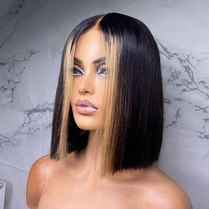 Skunk Stripe Highlight Colored Bob Wig Black Hair with Honey Blonde Lace Bob Wig
