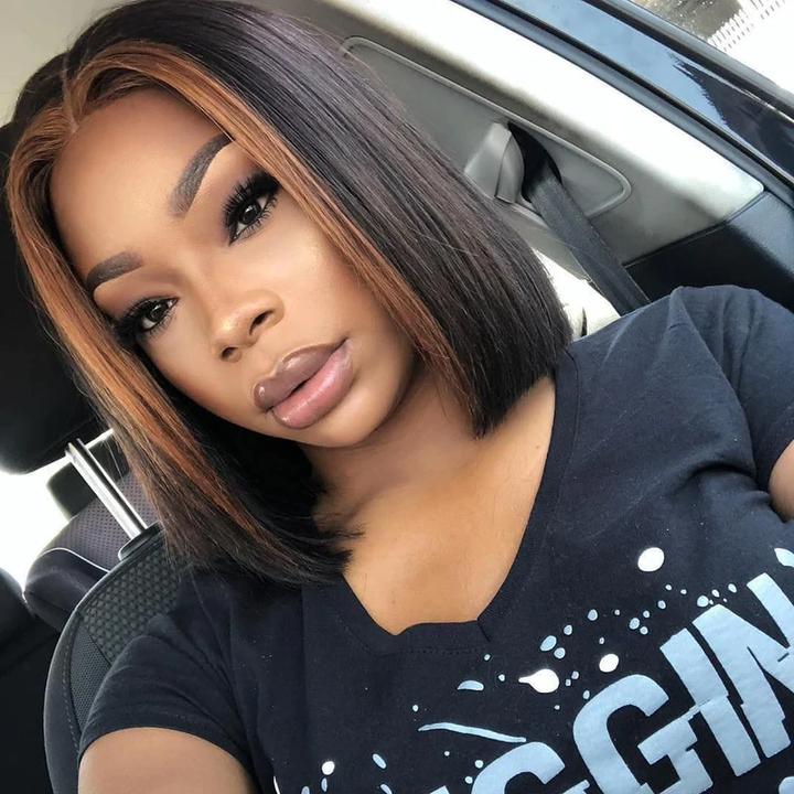 TUME Skunk Stripe Highlight Colored Bob Wig Black Hair with Honey Blonde Lace Bob Wig Human Hair
