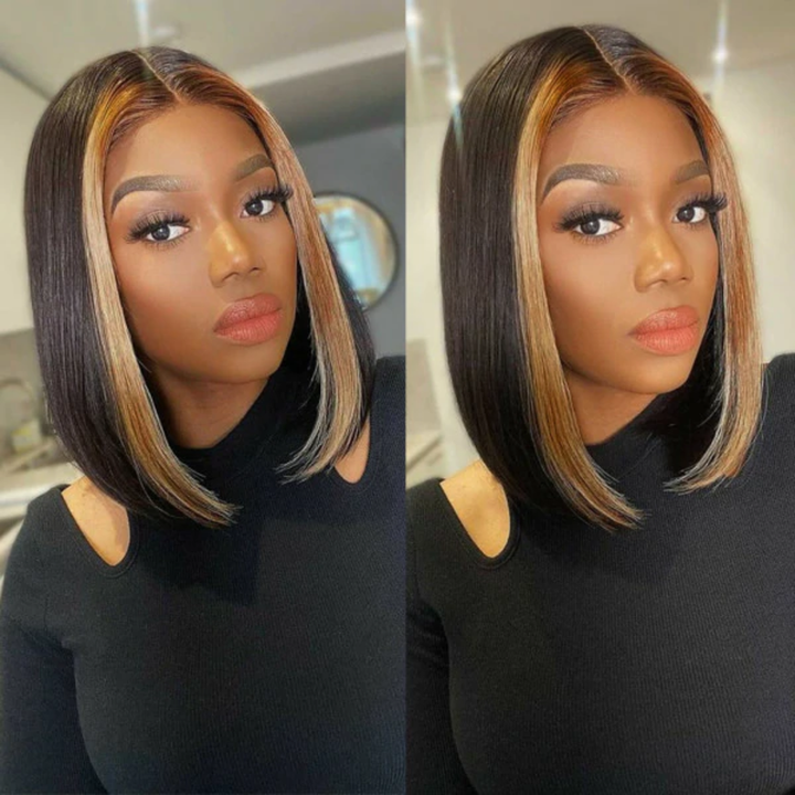 Skunk Stripe Highlight Colored Bob Wig Black Hair with Honey Blonde Lace Bob Wig