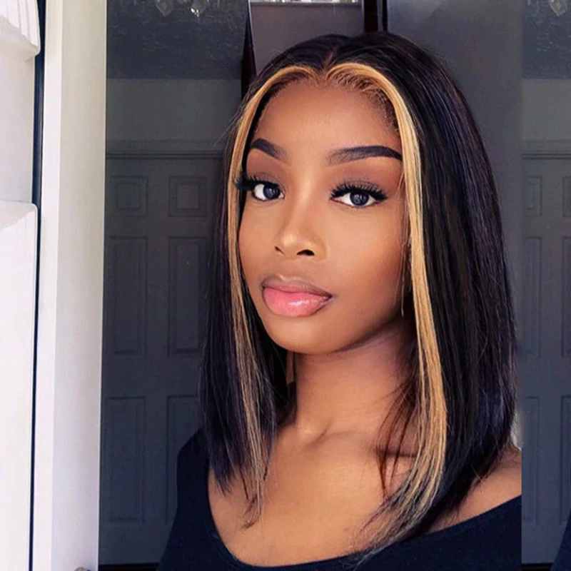 Skunk Stripe Highlight Colored Bob Wig Black Hair with Honey Blonde Lace Bob Wig