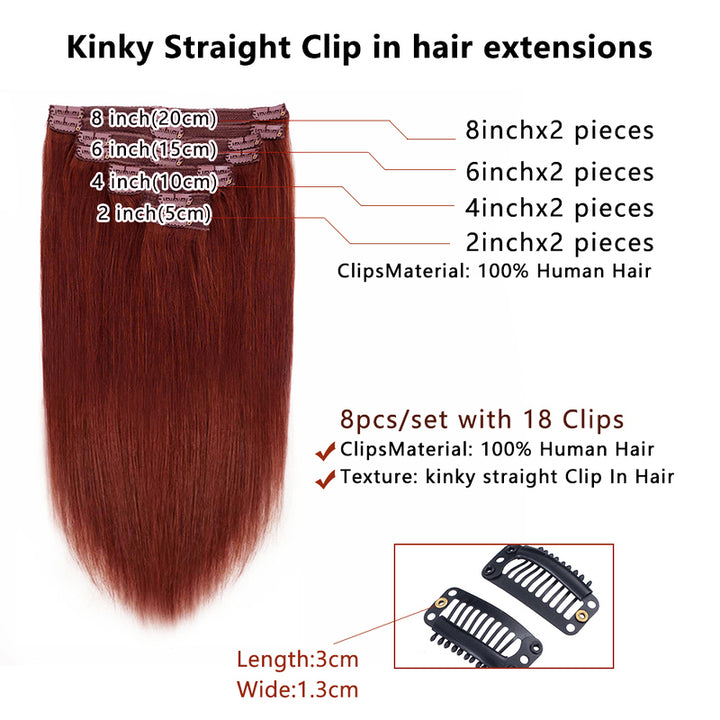 Reddish Brown Color Straight Clip In Human Hair Extensions For Black Women 8pcs With 18 Clips