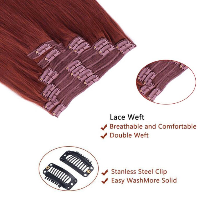 Reddish Brown Color Straight Clip In Human Hair Extensions For Black Women 8pcs With 18 Clips
