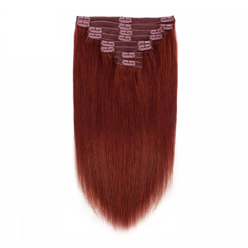 Reddish Brown Color Straight Clip In Human Hair Extensions For Black Women 8pcs With 18 Clips