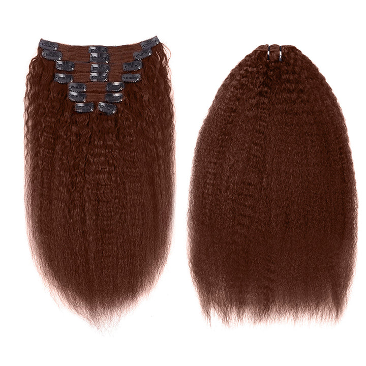 Reddish Brown Colored Kinky Straight Clip In Hair Extensions For Black Women Remy Human Hair 8 Pices With 18 Clips
