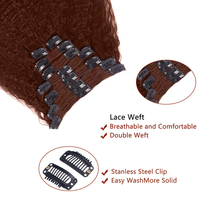 Reddish Brown Colored Kinky Straight Clip In Hair Extensions For Black Women Remy Human Hair 8 Pices With 18 Clips