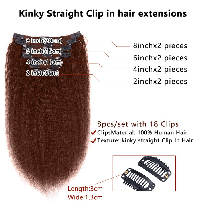Reddish Brown Colored Kinky Straight Clip In Hair Extensions For Black Women Remy Human Hair 8 Pices With 18 Clips