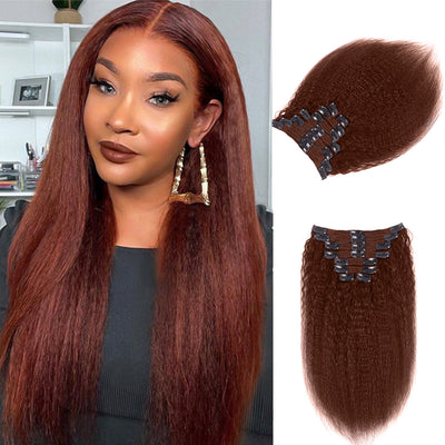 Reddish Brown Colored Kinky Straight Clip In Hair Extensions For Black Women Remy Human Hair 8 Pices With 18 Clips