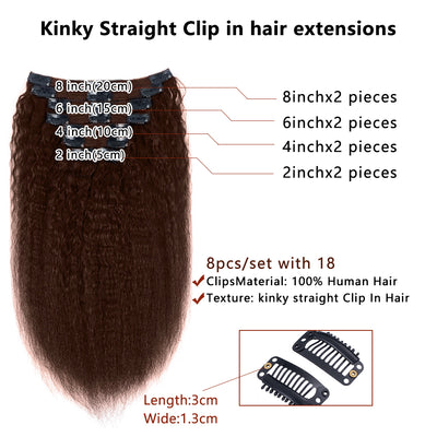 Brown Colored Kinky Straight Clip In Hair Extensions For Black Women Remy Human Hair 8 Pieces With 18 Clips