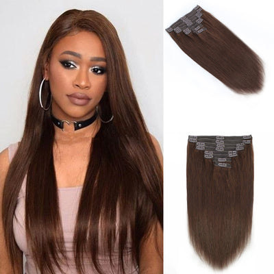 Brown Colored Straight Clip In Hair Extensions For Black Women Remy Human Hair 8 Pices With 18 Clips