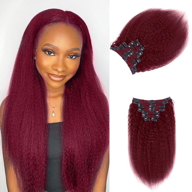 #99J Burgundy Colored Kinky Straight Clip In Hair Extensions For Black Women Remy Human Hair 8 Pieces With 18 Clips