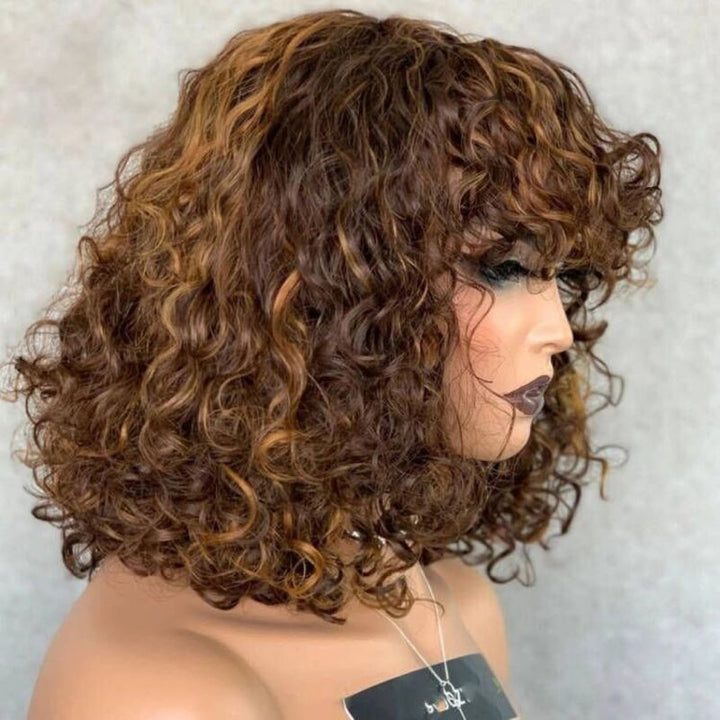 Colored Bouncy Curly Bob Wig With Bang Machine Made Human Hair Bang Wig