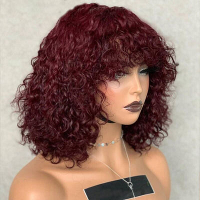 Colored Bouncy Curly Bob Wig With Bang Machine Made Human Hair Bang Wig