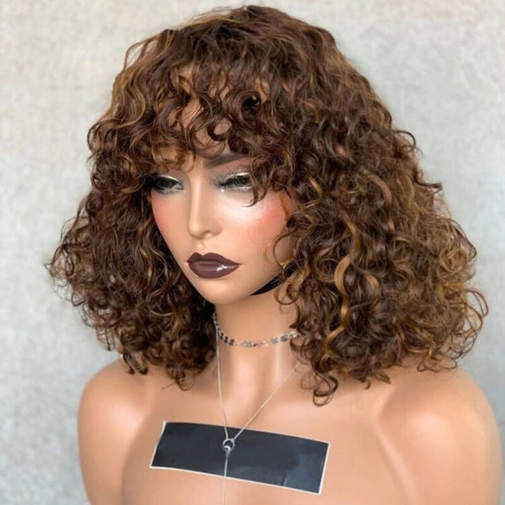 Colored Bouncy Curly Bob Wig With Bang Machine Made Human Hair Bang Wig