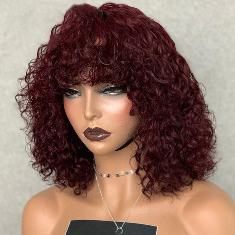 Colored Bouncy Curly Bob Wig With Bang Machine Made Human Hair Bang Wig