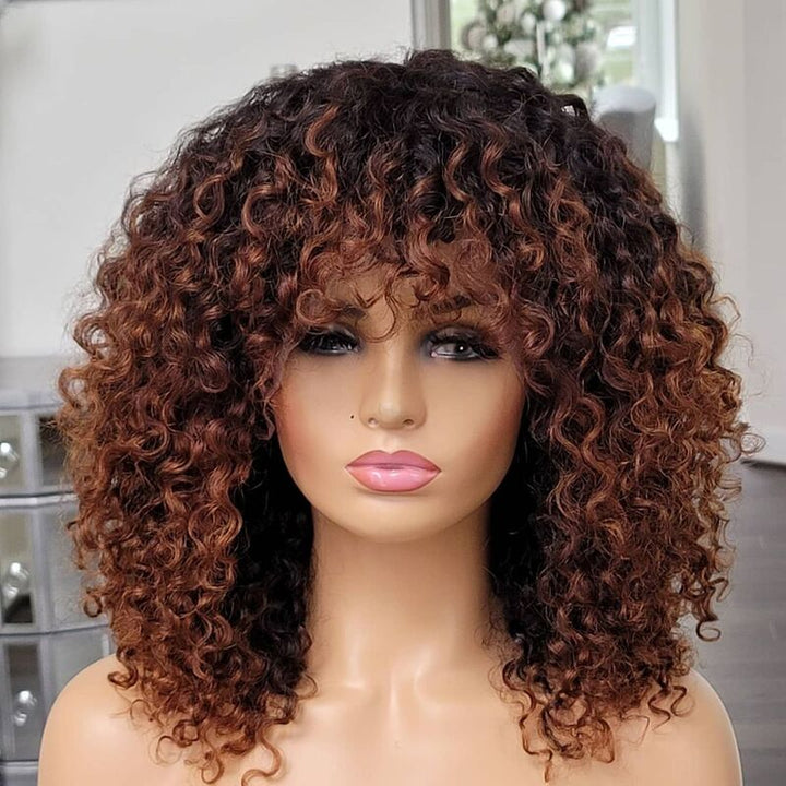 Colored Bouncy Curly Bob Wig With Bang Machine Made Human Hair Bang Wig