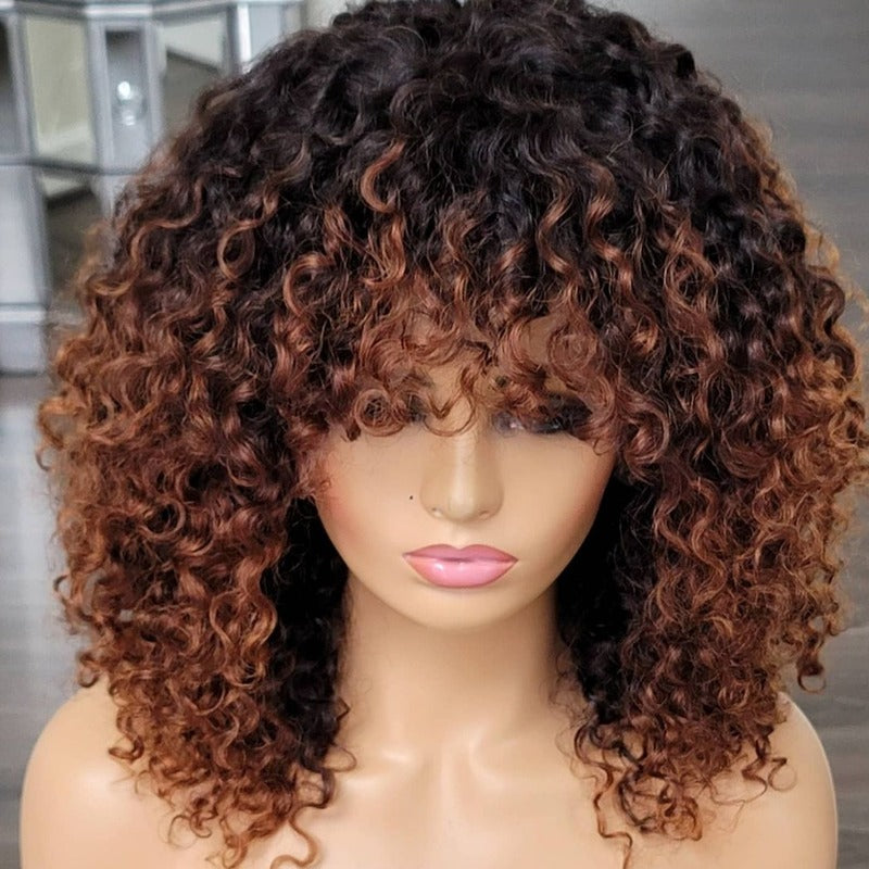 Colored Bouncy Curly Bob Wig With Bang Machine Made Human Hair Bang Wig