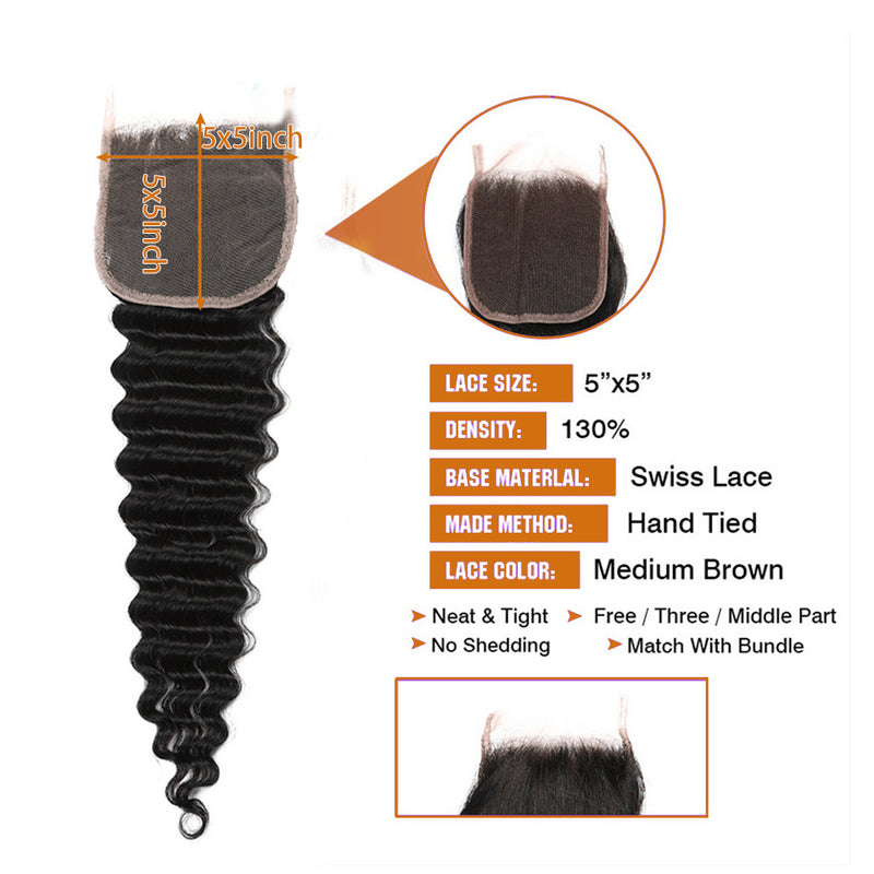 10A Deep Wave Bundles With 5x5 Lace Closure 100% Human Hair Extension