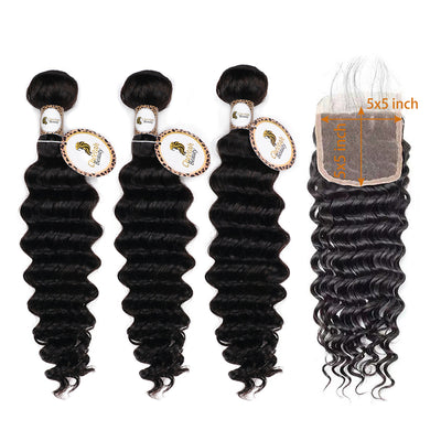10A Deep Wave Bundles With 5x5 Lace Closure 100% Human Hair Extension