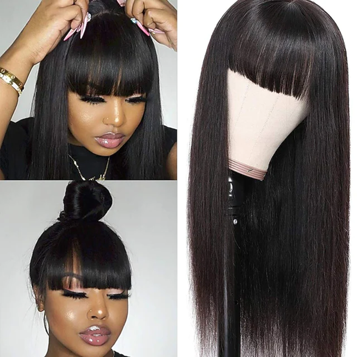 Machine Made Wig With Bang Straight Virgin 100% Human Hair Wig