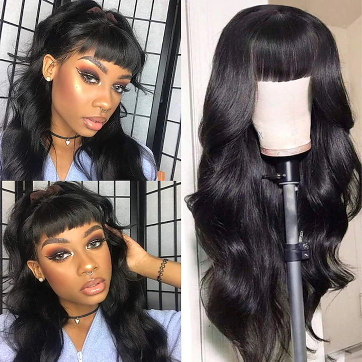 Machine Made Wig With Bang Straight Virgin 100% Human Hair Wig