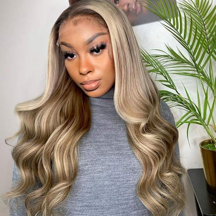 Blonde Balayage On Brown Hair 13x6 Full Frontal Transparent Lace Human Hair Wigs