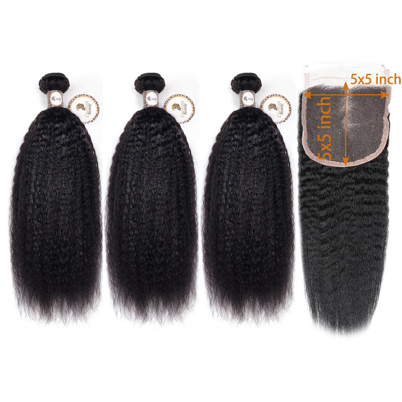 Kinky Straight Bundles With 5x5 Lace Closure 10A Human Hair Extensions