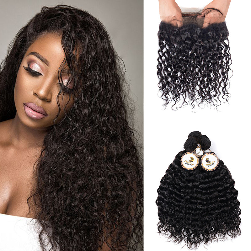 Water Wave Bundles With 360 Lace Frontal 10A Virgin Human Hair Extension